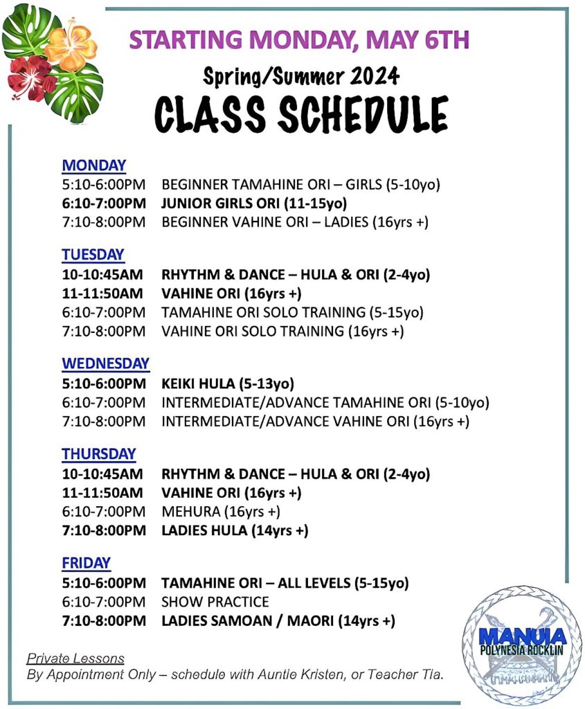 Manuia Rocklin Chapter - Class Schedule/Times