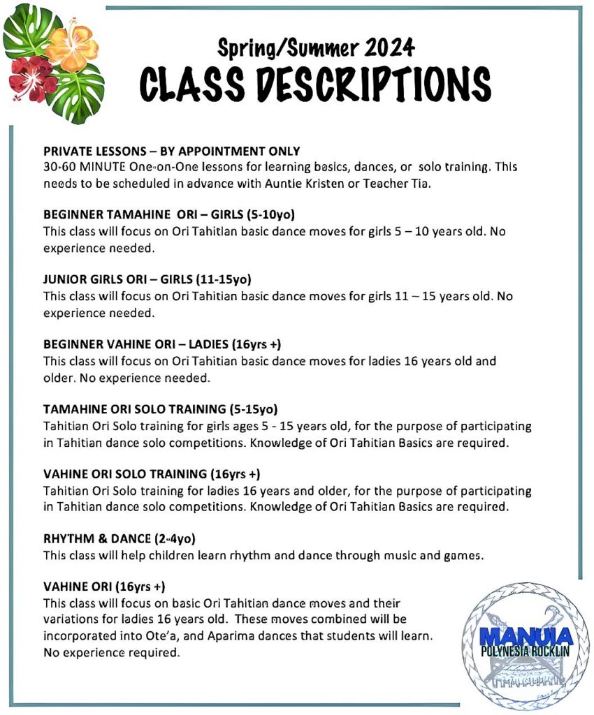 Manuia Rocklin Chapter - Class Descriptions Page 1